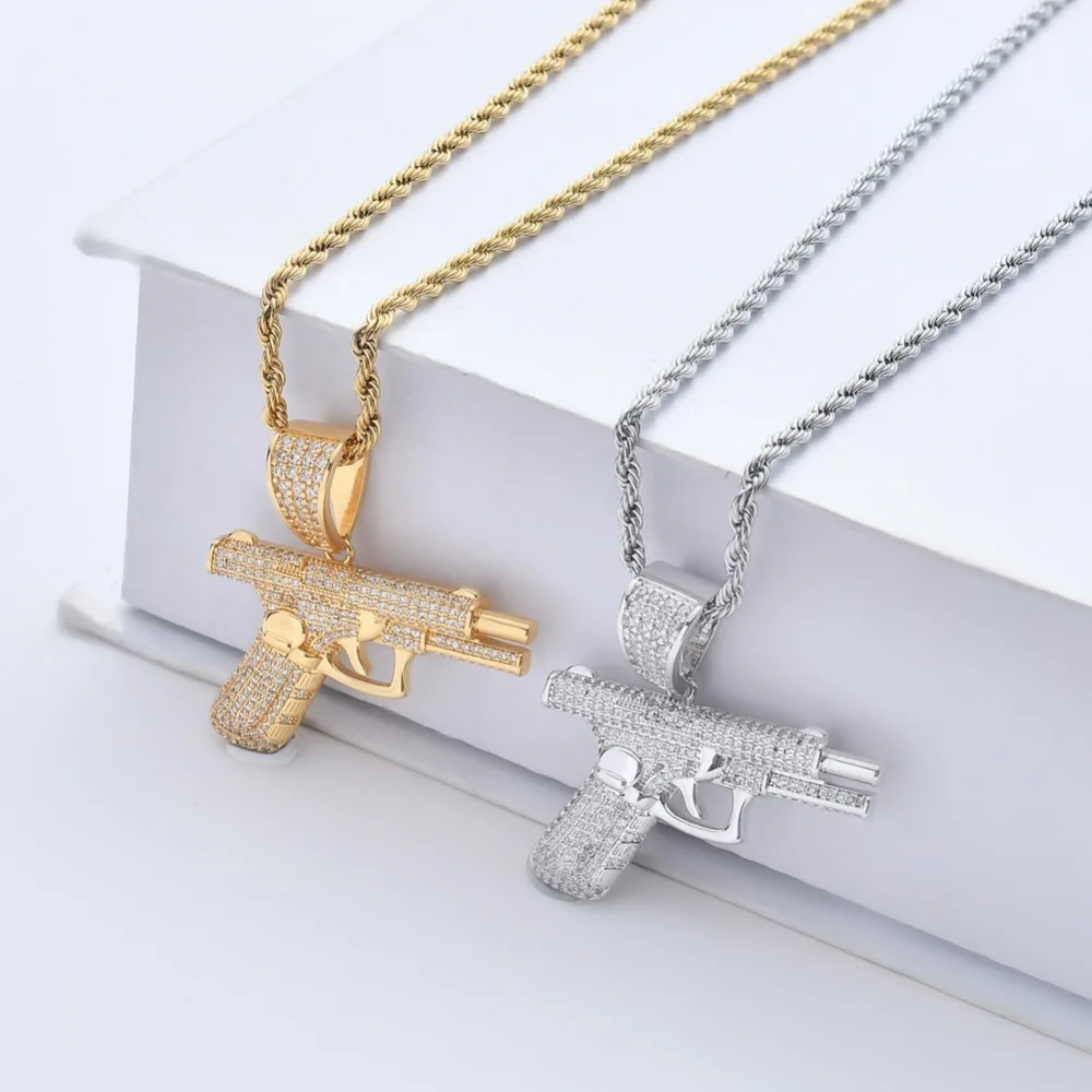 Микро проложили AAA кубического циркония Bling Iced Out автоматический пистолет кулоны с оружием ожерелье для мужчин хип хоп рэппер ювелирные изделия золото серебро