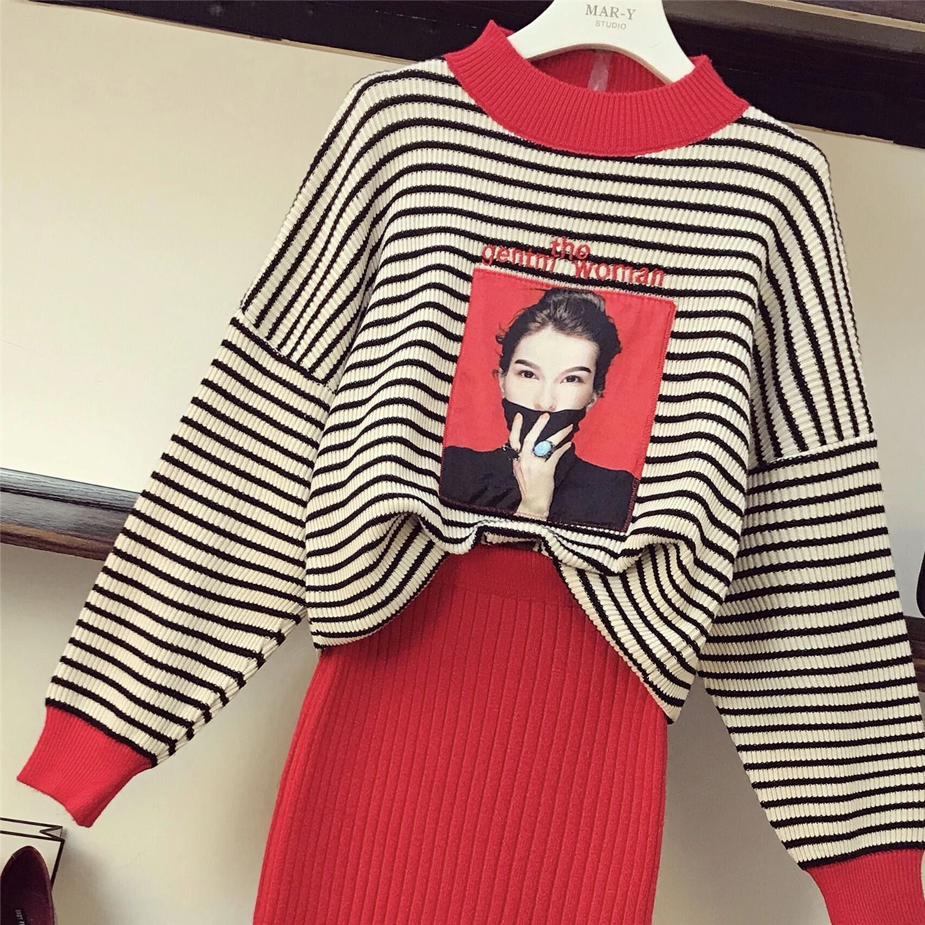 Женский костюм ALPHALMODA осенне зимний повседневный блузка в полоску топ однотонная