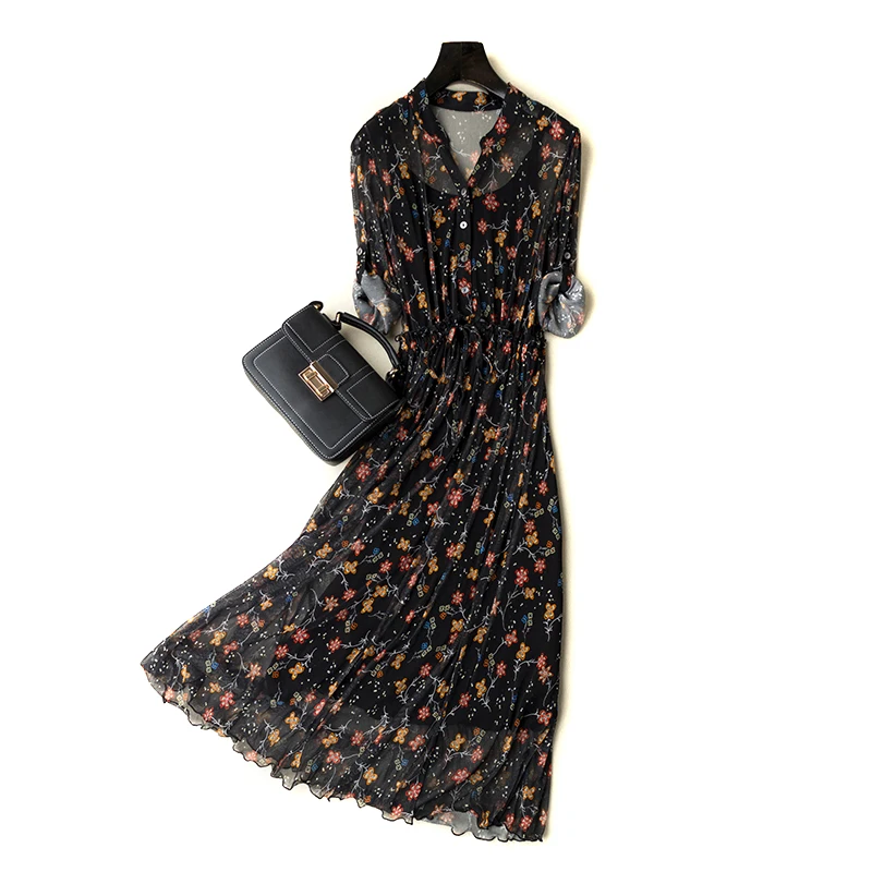 100% Silk Dress Single Layer Mesh Knitted Semi Cardigan V Collar Large one-piece dress | Женская одежда