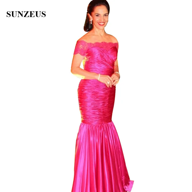 

Mermaid Off Shoulder Short Sleeve Lady Formal Dress Pleated Fuchsia Satin Mother Of Bride Dresses Long Women Party Gowns CM0124