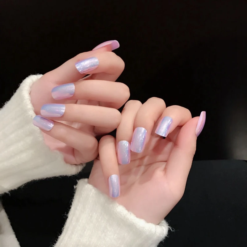 Holo Chameleon Pink False Nails Tips Reflective Metallic Mirror Abalone Square Fake Nail Full Cover Fuax Ongles | Красота и здоровье
