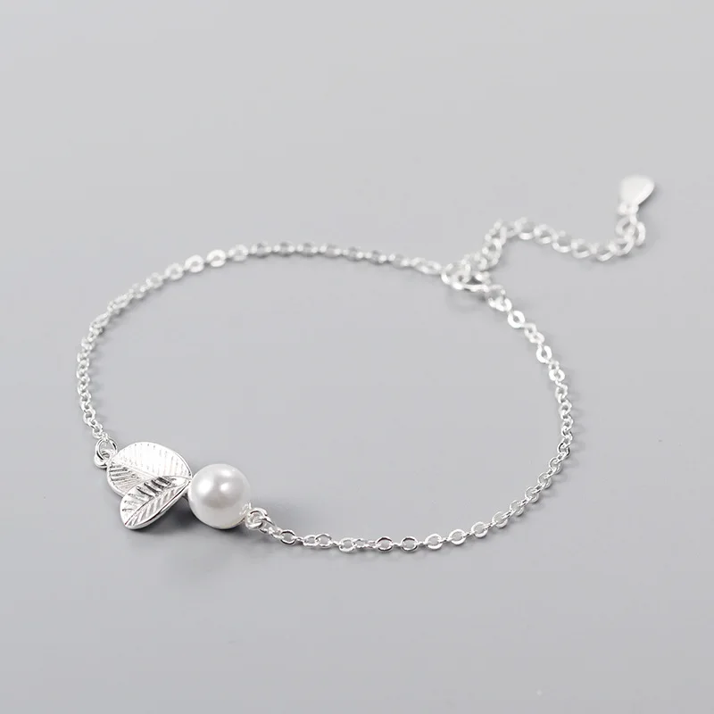 Женский серебряный браслет S925 пробы с простым жемчугом в виде листьев | Украшения