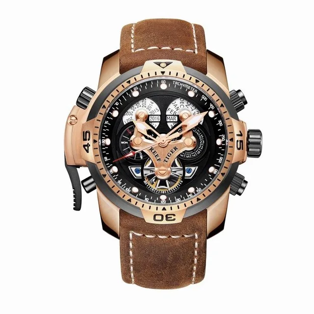Роскошные Брендовые спортивные часы Reef Tiger с турбийоном, с календарем, датой, водонепроницаемые, 100 м, кожаные механические мужские часы, мужские часы - Цвет: gold brown black