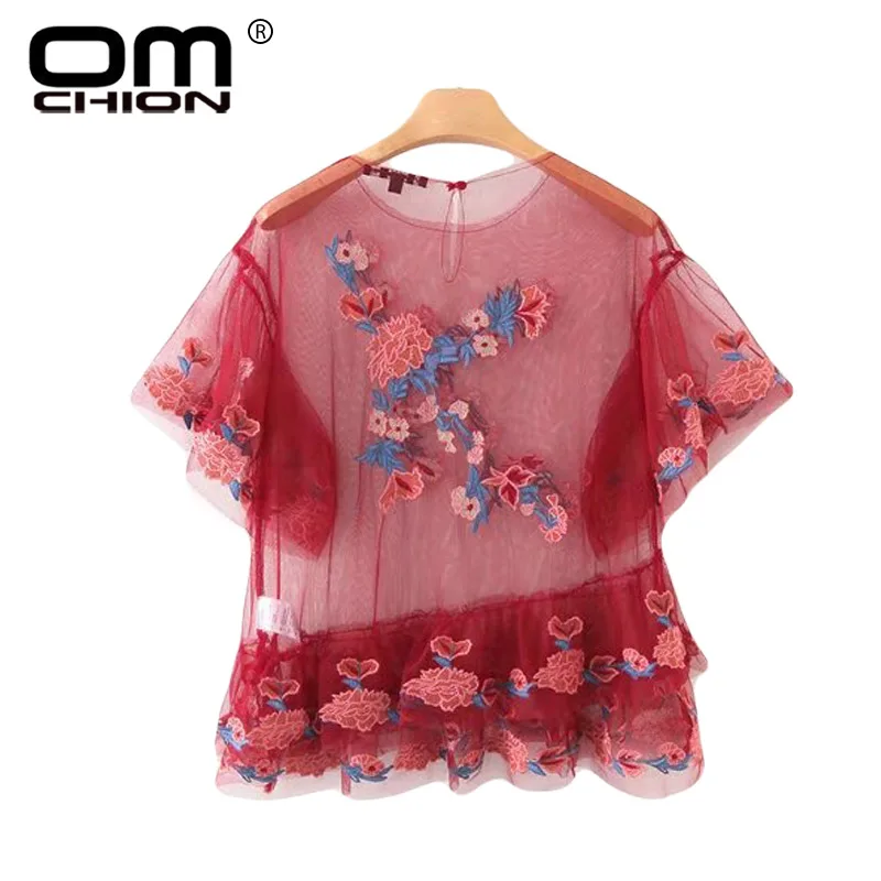 OMCHION Blusas Mujer 2017 New Summer Floral Embroidery Blouse Women Butterfly Sleeve Shirt Loose Transparent Mesh Top LS210 |