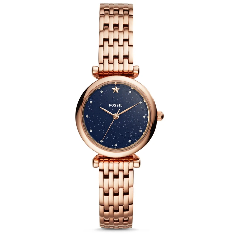 FOSSIL женские часы с синим циферблатом Carlie Mini, с тремя ручками, розовое золото, из нержавеющей стали, кварцевые часы для женщин, стильные ES4522P