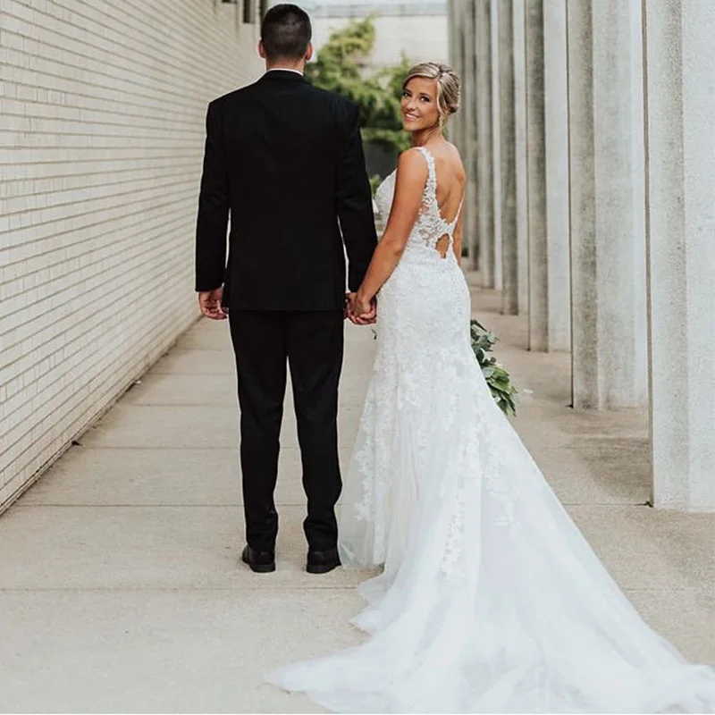 Кружевное свадебное платье Русалка на тонких бретелях с v-образным вырезом Vestido De