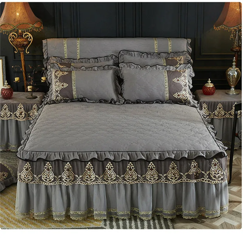 pure color 3pcs sanding cotton lace edge bedskirt free shipping thickened bedspreads European style high quality bedding set | Дом и сад