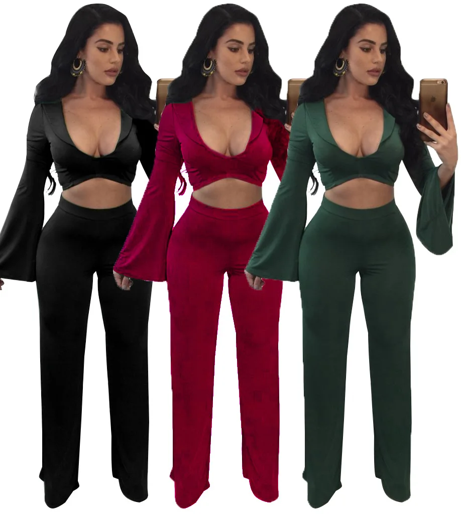 

Plus Size Enteritos Mujer 3XL Sexy Flare Full Sleeve Crop Tops With Wide Leg Pant Rompers Women Hollow Out 2 Piece Set Jumpsuit