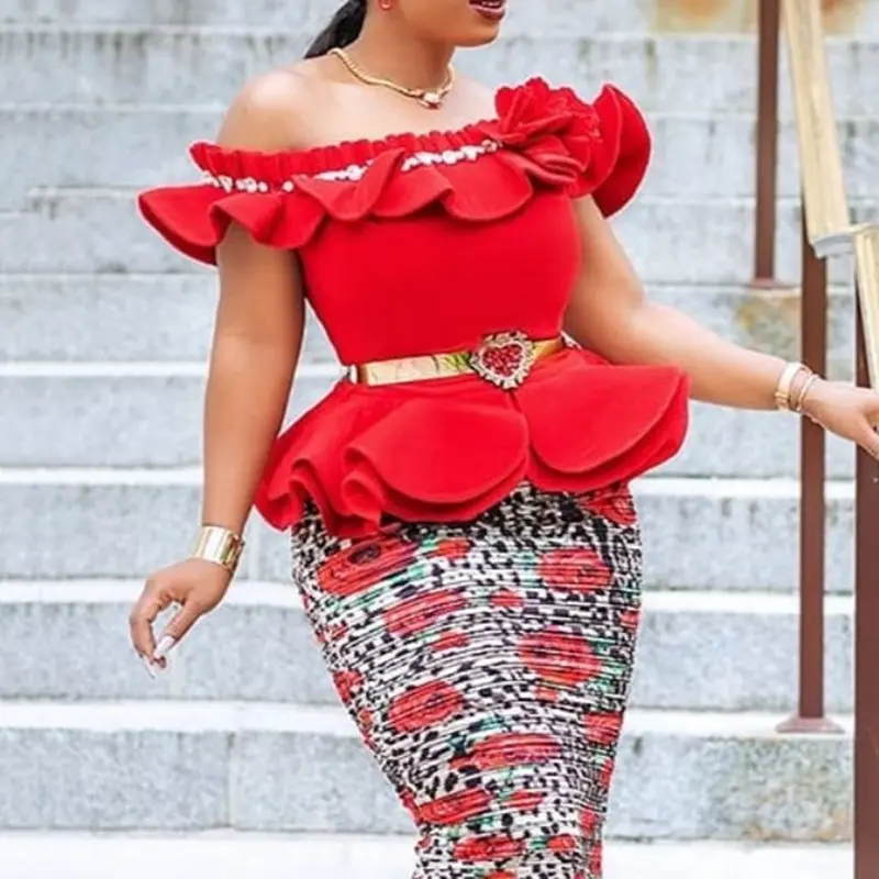 Summer Elegant Sexy Club Plus Size Sweet Blouse Women Slim Off Shoulder Plain Falbala Chic Vintage African Fashion Tops Shirts |