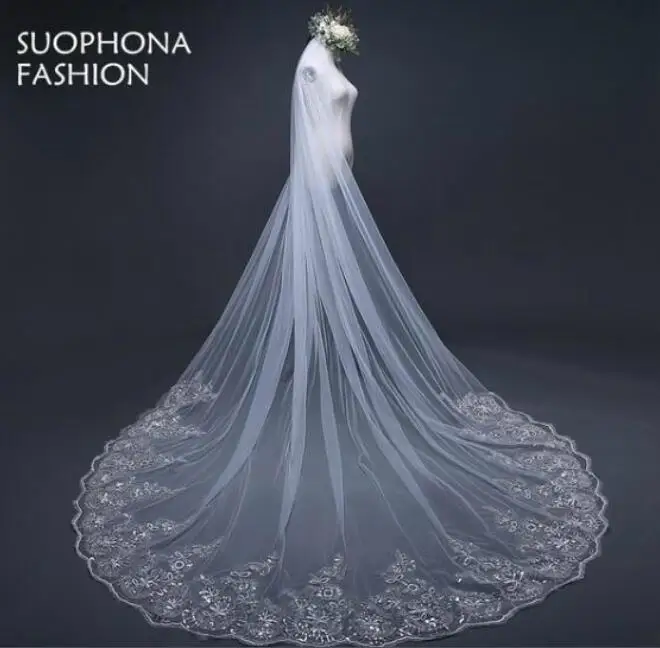 3 метра Белый цвет слоновой кости Соборные Свадебные вуали длинная кайма из