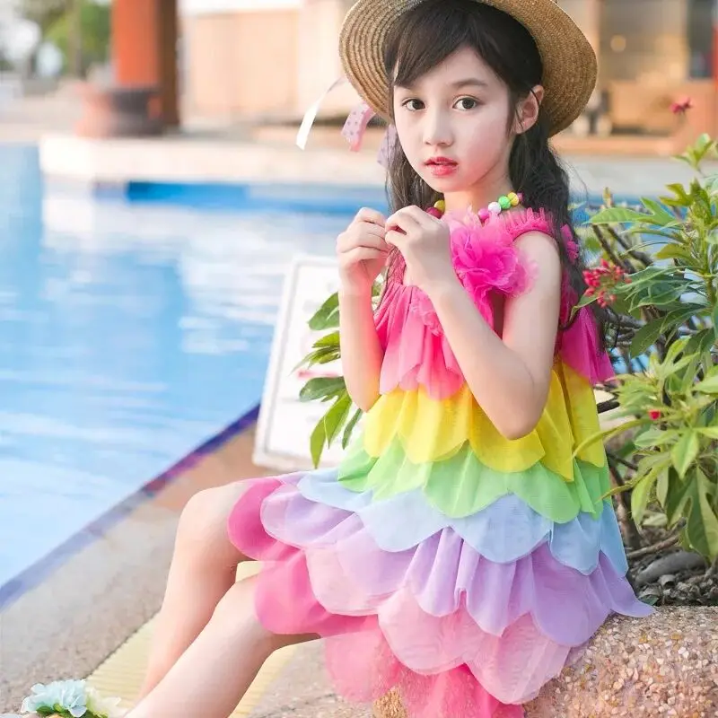 Children's summer dress barn vacation beach little girl apparel baby rainbow seaside foreign princess for girls | Детская одежда и