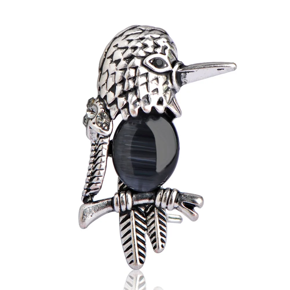 Винтажная эмалированная брошка с опаловыми птицами и кошачьим глазом заколка