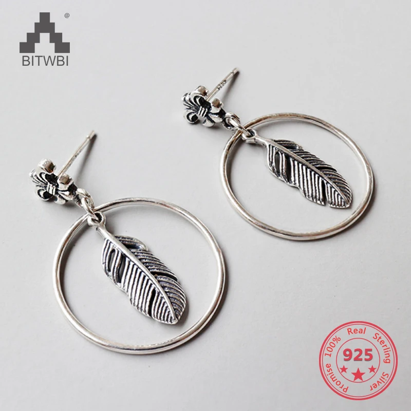 

100% S925 Sterling Silver Fashion Vintage Old Cross Flower Round Feather Stud Earrings
