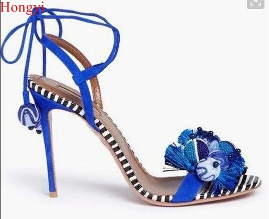 Jual Top Fashion Warna-warni Patchwork Rumbai Wanita Musim Panas Sandal Tumit Tinggi Renda Cut-Out Ankle Tali High Heel Strapp Sepatu Sandal
