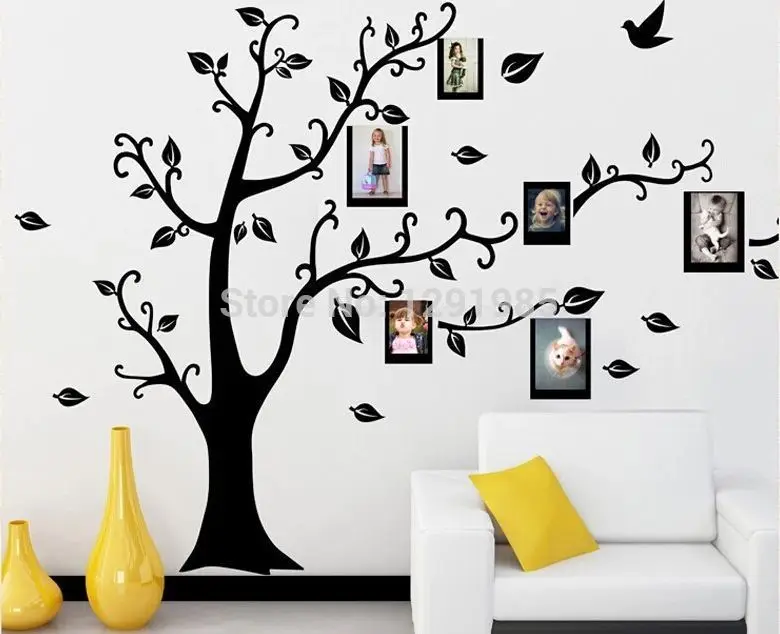 Большой размер наклейки на стену с изображением птиц в ветках черная фоторамка