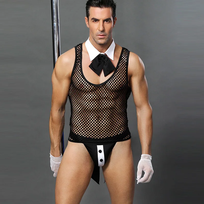 

Men's Sexy Lingerie Fishnet Bowknot Waiter Costume Tuxedo Servant Waiter Outfit Costume Clubwear Sexy Mesh Top+Collar+G-string