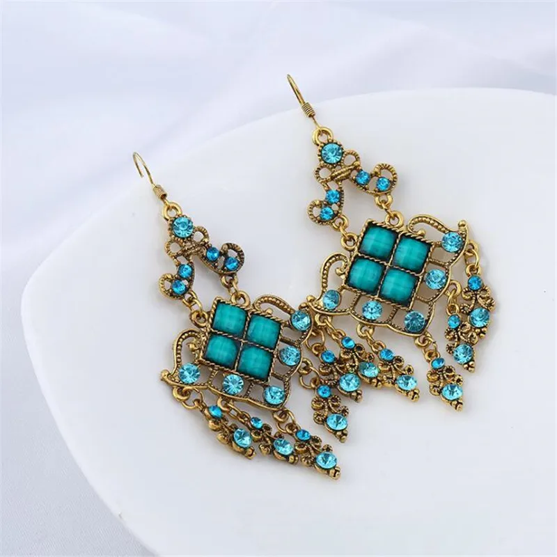 Fashion Colorful Hollow Flower Big Rhinestone Drop Earrings For Women Chic Statement Jewelry Retro Gold Color Crystal Earring | Украшения и
