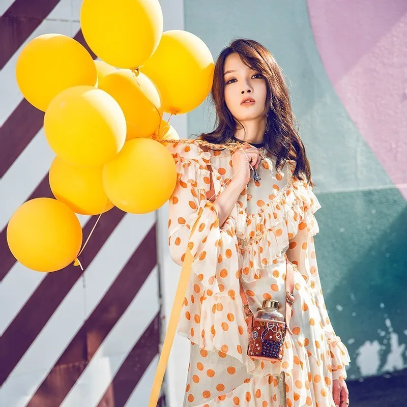 TWOTWINSTYLE элегантное женское платье в горошек стоячий воротник высокая талия