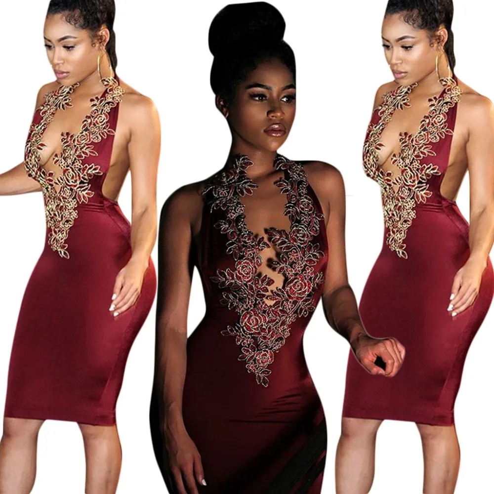 Европа и США Сексуальная висит шеи вышивки шить Slim платье|slim dress|united statesdress dress |