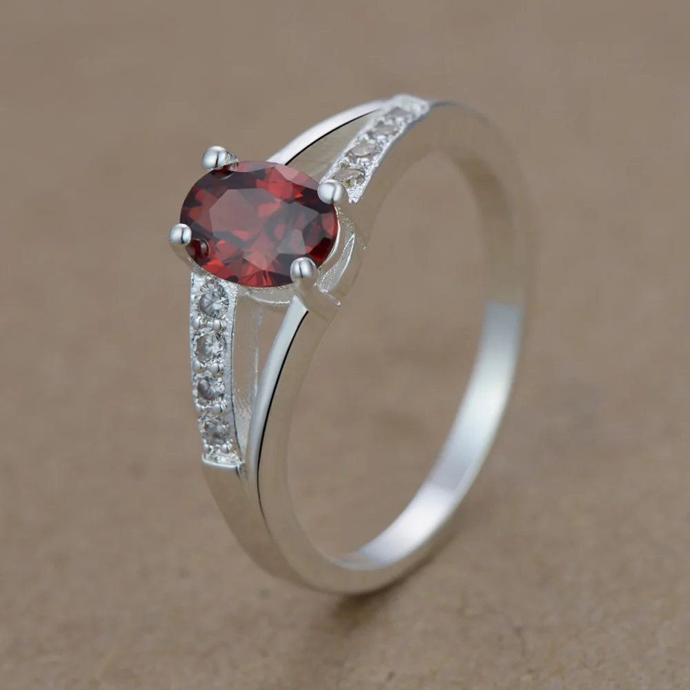 Классическая мода темно-красный циркон свадебные посеребренная Кольца