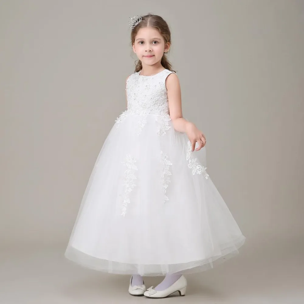 Vestidos de daminhaБелое фатиновое бальное платье с вышивкой и бисером; Длинные Платья с цветочным узором для девочек на свадьбу; коллекция 2016 года; ... (art.: 79a690612) - 79a690612