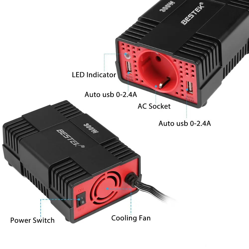 BESTEK 300 Вт автомобиля мощность преобразователь DC 12 В в к AC 220 инвертор 5 4.2A Dual USB