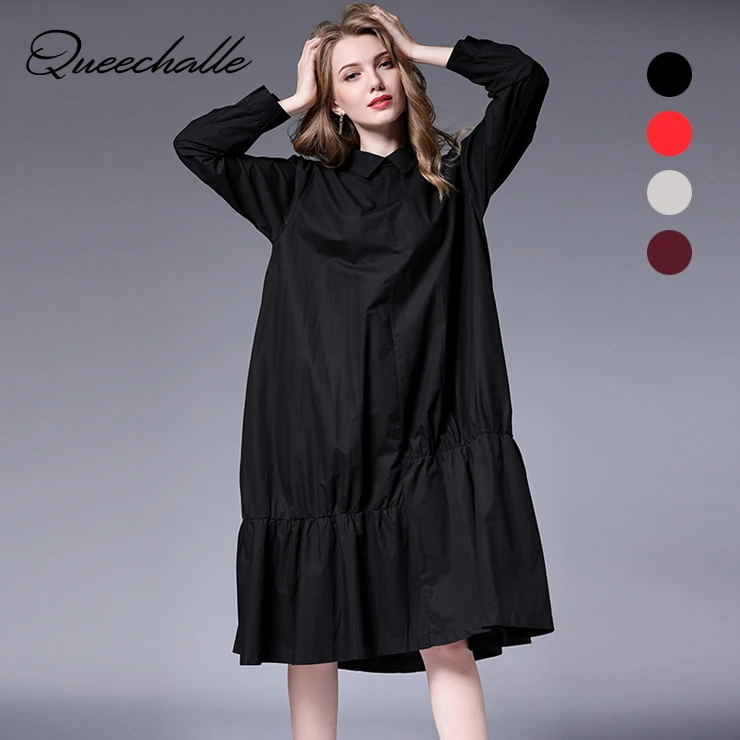 Queechalle XL 4XL Plus Size Mid Long Shirt Dress Autumn Solid Sleeve Loose A line for Women Gray Mulberry Red Black|Женские платья| |