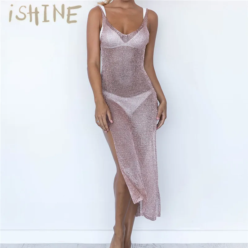 ISHINE растягивающееся женское летнее сексуальное пляжное платье открытые