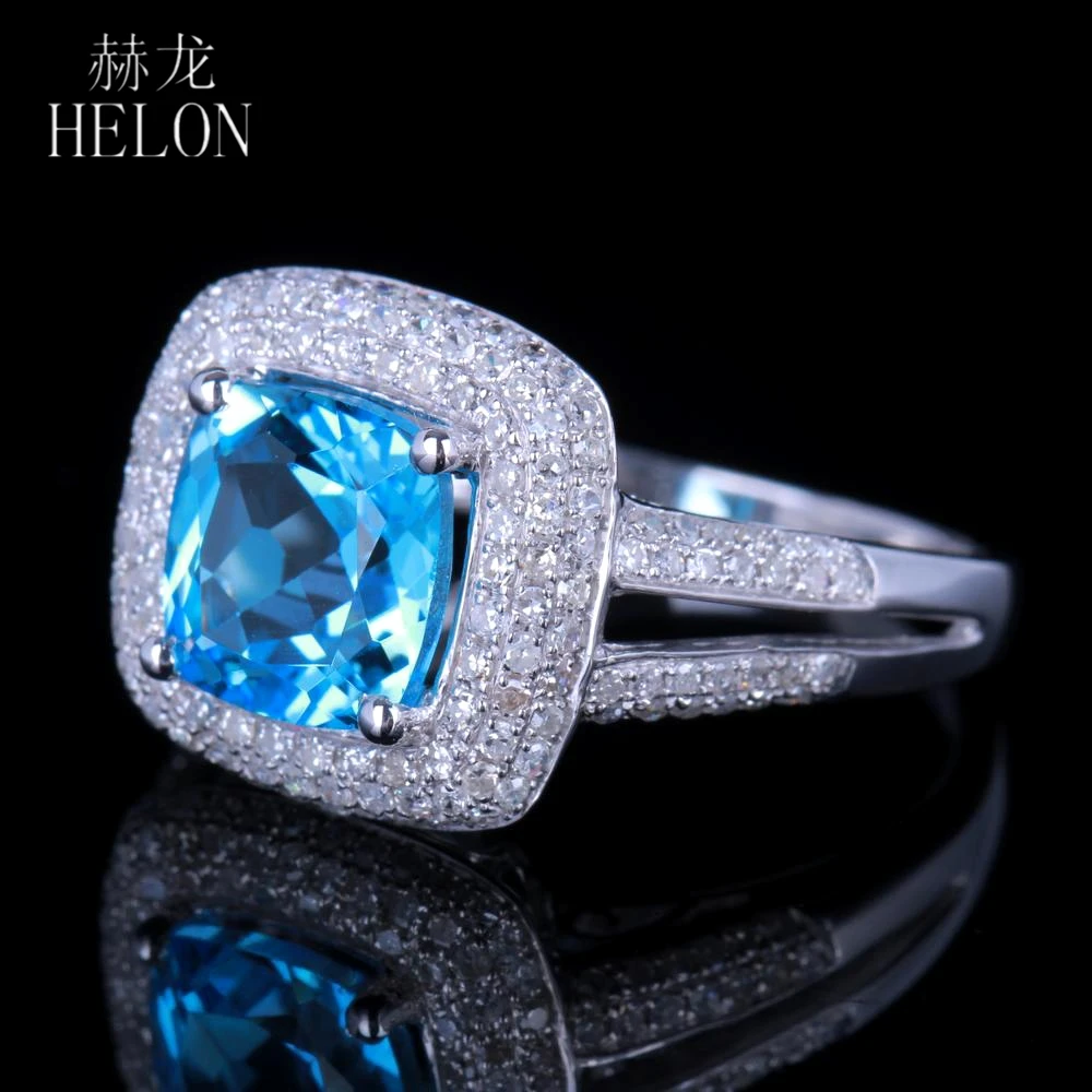 HELON Real 14K(AU585) белое золото сертифицированная Подушка 2.9ct Природный Голубой топаз Алмазы обручальные свадебные кольца вечерние ювелирные изделия