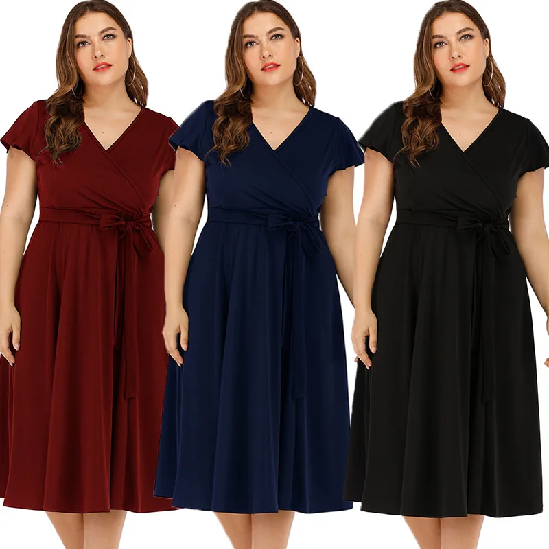 Женские платья больших размеров платье с коротким рукавом глубоким v образным