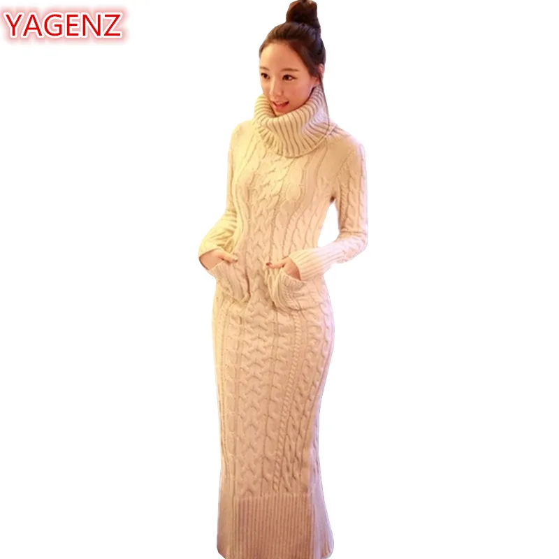 YAGENZ Autumn Winter Womens Clothing Knitting Sweater Dress Fashion Long Section Women High Collar Sleeve 544 | Женская одежда
