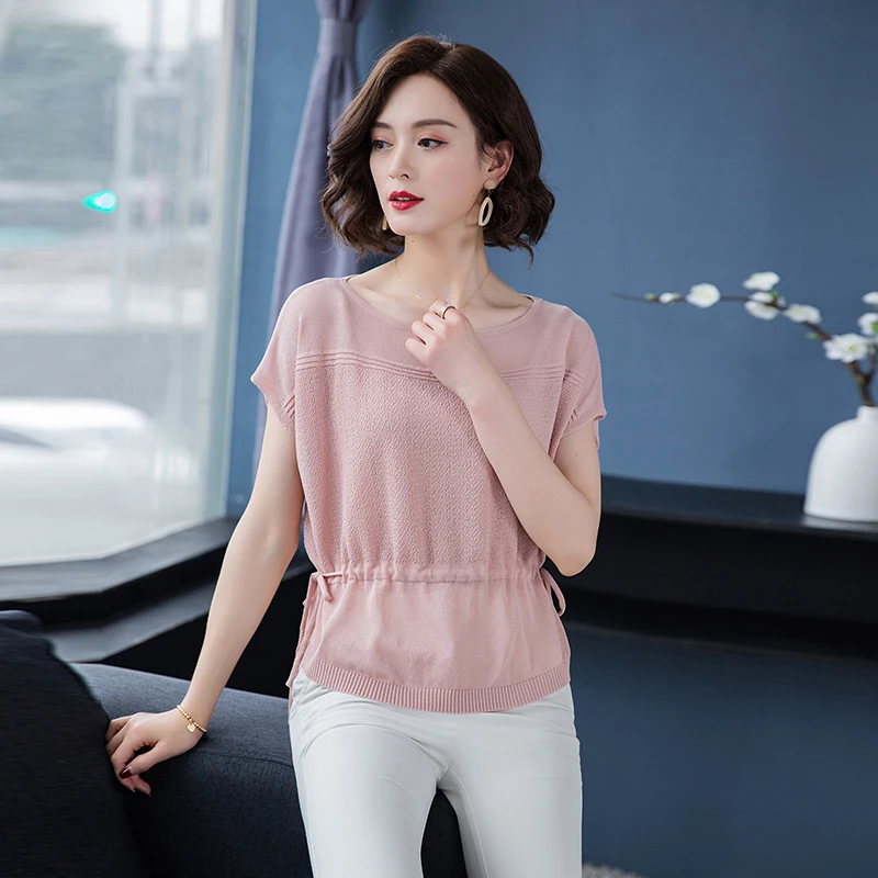 

New Arrival Summer Ladies Casual Loose Knitted Blouse Tops Coat Thin Elastic Knitwear Short Sleeve