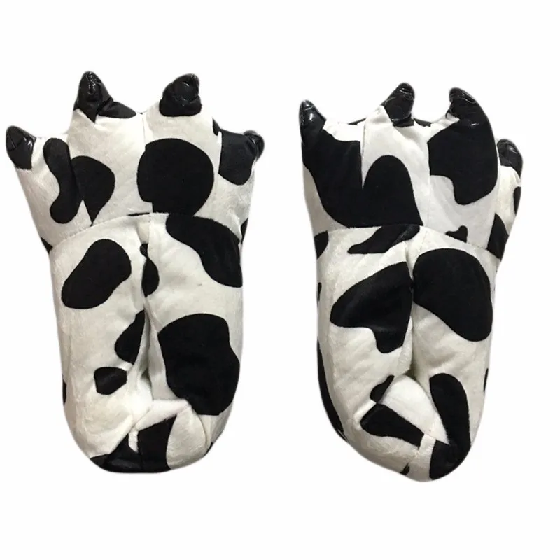 Cow Тапочки в виде животных для детей, взрослых, кигуруми, зимняя теплая пижамная обувь с героями мультфильмов, динозавр, жираф, корова, комбинезон с тигром, тапочки в виде лап - Цвет: Cow