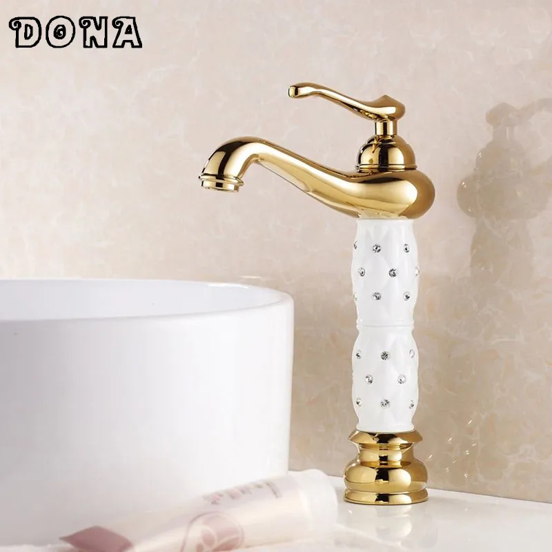 

EURO Gold Luxury tall high Bathroom Basin Faucet with Diamond/crystal body Single Handle Vanity Sink Mixer water Tap DONA4010B