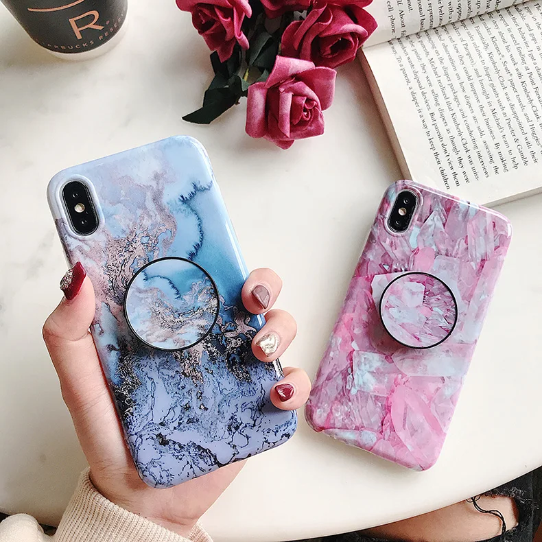 Smooth surface Phone Holder Case For iPhone XS MAX X XR 8 7 6 6S Marble Airbag Bracket Plus Silicone Soft Cover | Мобильные телефоны
