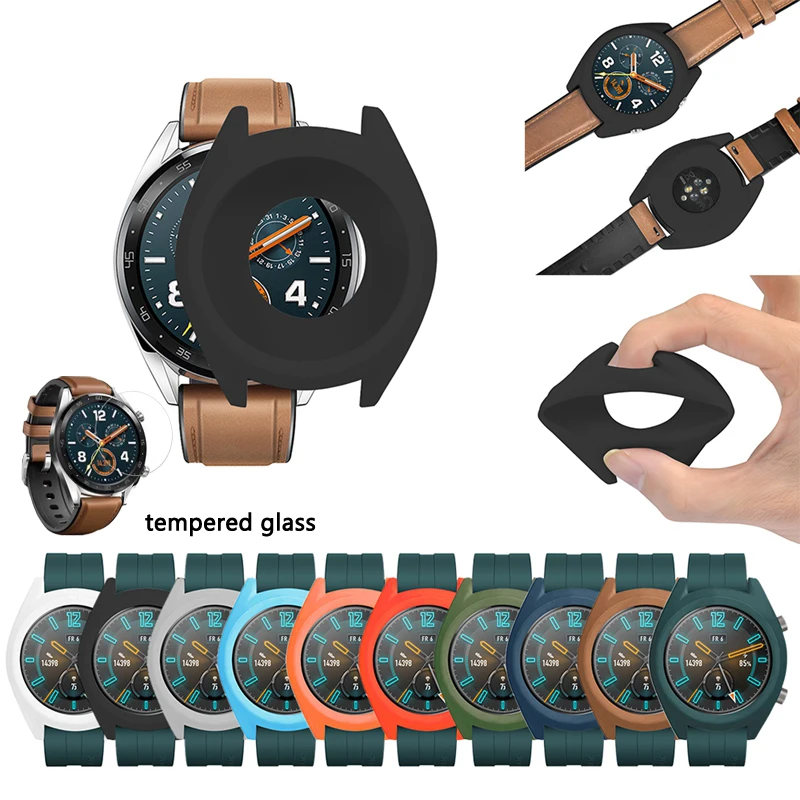 Чехол для часов HUAWEI Watch GT/GT Active, Цветной силиконовый чехол, Мягкий бампер из ТПУ, защитный чехол, закаленное стекло, пленка