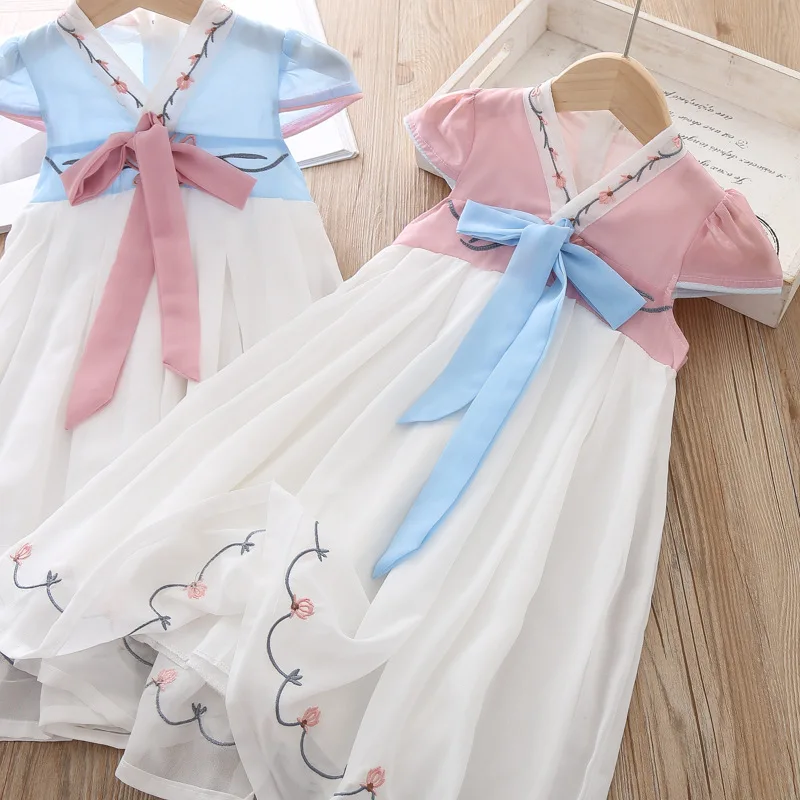 girls dress summer children's clothing white Chinese Style Students wear fashion Cloth silk Leisure Flower Princess | Детская одежда