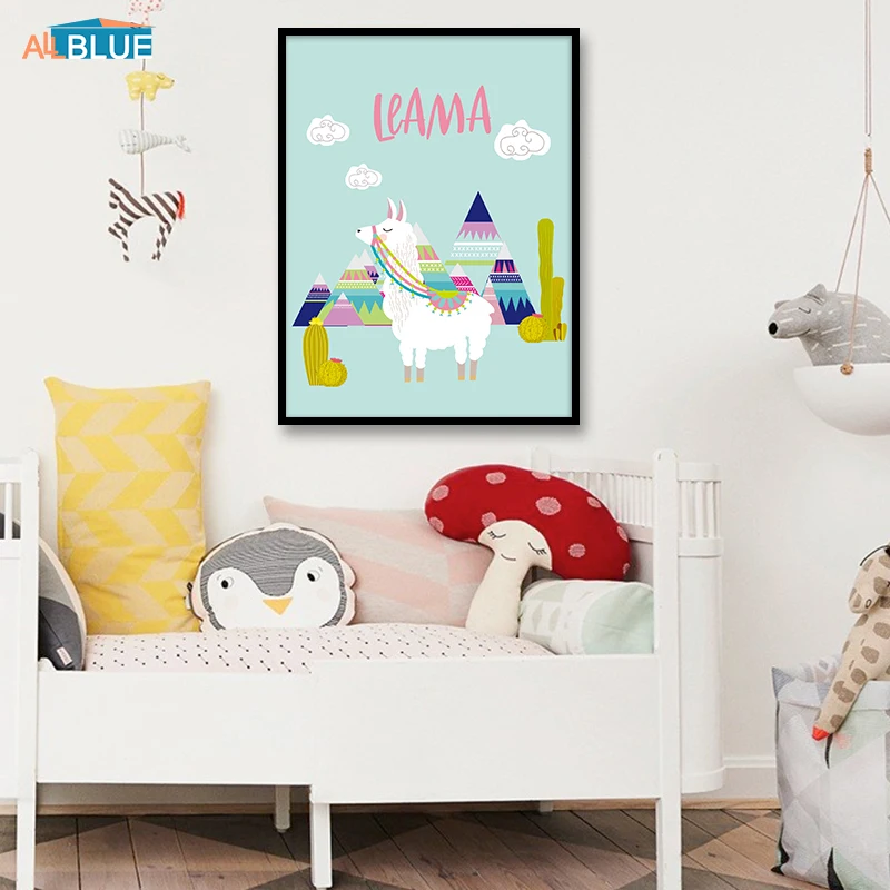 Nordic Lovely Cartoon Animal Alpaca Landscape Posters And Prints Canvas Painting Wall Art Pictures For Kids Room Bedroom Quote | Дом и сад