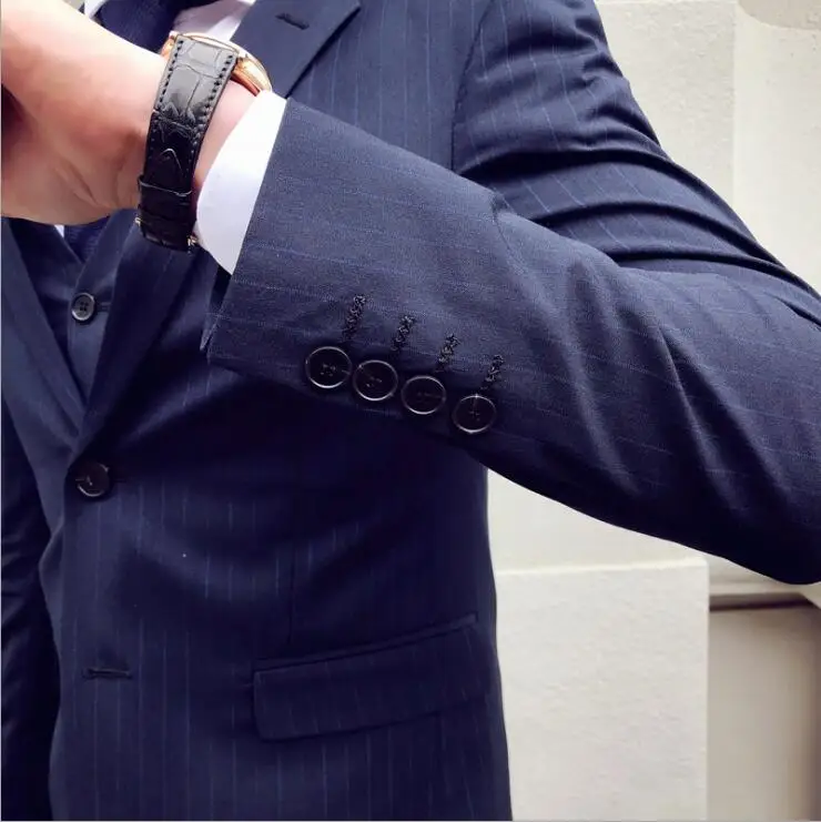

Men's Striped Slim Fit Wedding Suits for Men Brand Business Formal Gray,Navy Blue Suit for men 3 pieces(Blazers+Vest+Pants)