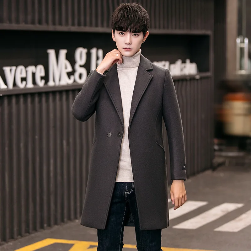 2019 зимнее Однотонное шерстяное пальто с отложным воротником и куртка PocketsMale в