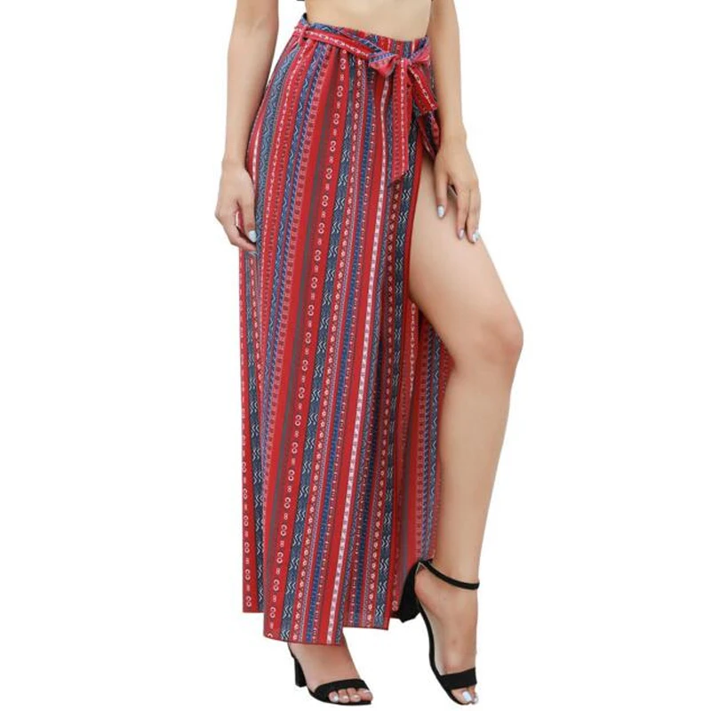 Высокая талия широкие штаны Для женщин 2018 Мода Красный Высокий разрез полосатые