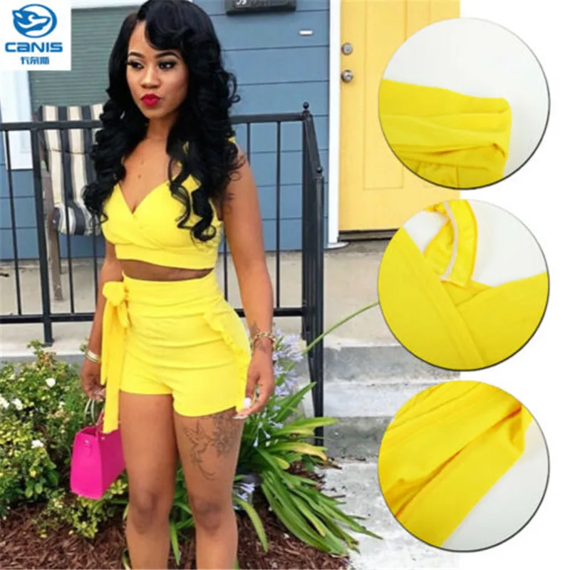 Летний женский комплект из двух предметов модель 2019 года желтые ремешки шорты с