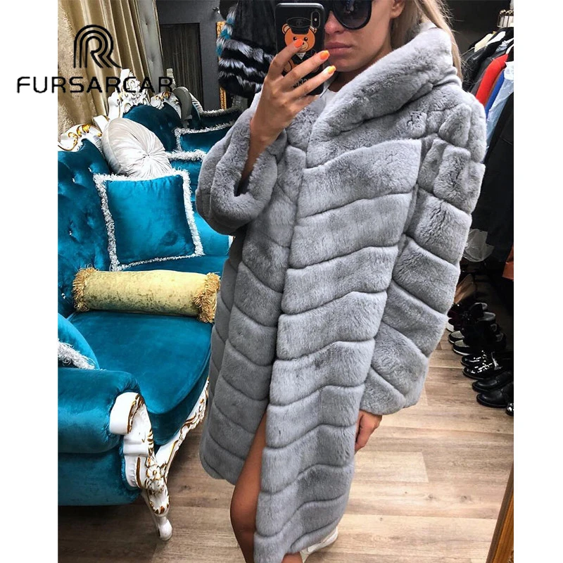 FURSARCAR Женские Настоящий мех кролика пальто 100 см длинные шапка из меха лисы зимняя