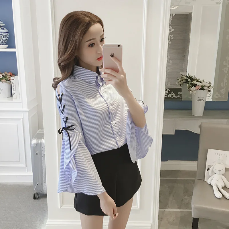 

New Women Casual Basic Summer Autumn Stripe Blouse Bandage OL Plus Size