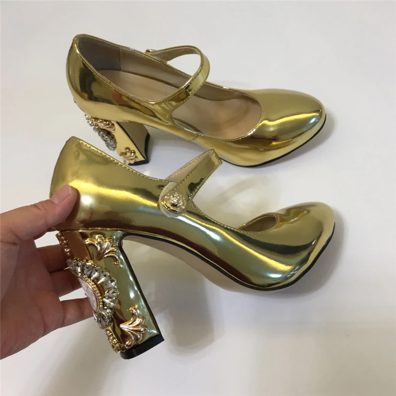 Chunky Heeled Back Clock Decor High Heel Pumps Women Bright Gold Patent Leather Rhinestone Bridal Wedding Party Shoes Heels | Обувь
