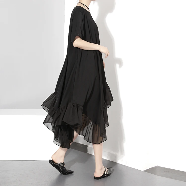 Платье женское шифоновое асимметричное модное свободное черное платье с принтом