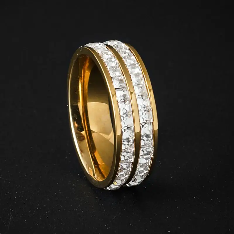 

Two Row Clear Crystal Rings Gold Color Stainless Steel Round Pave Finger Rings for Women Engagement Wedding Luxury Jewelry Gift