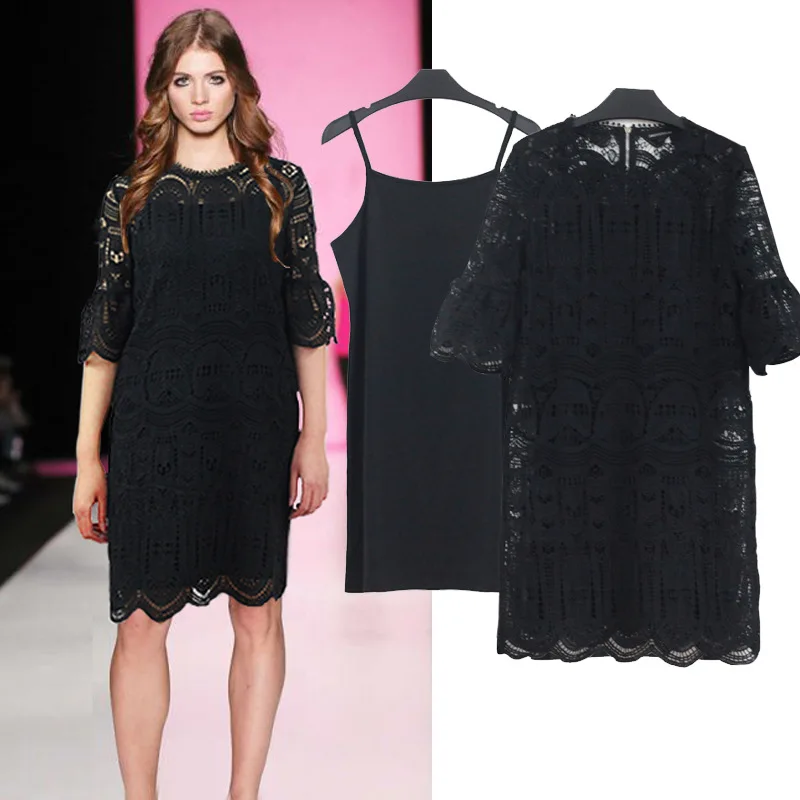 2018 Весенние Новые Большие размеры черные кружевные платья ретро полые