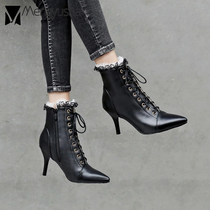 Женские ботильоны с кружевом и оборками ботинки перекрестной шнуровкой