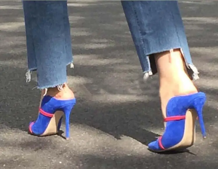 Мюли женские замшевые на высоком каблуке туфли без застежек заостренный носок